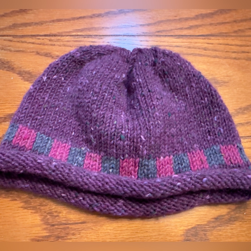 Irish Wool Knit Hat Cap Beanie Purple with pink & blue accent Made in Ireland